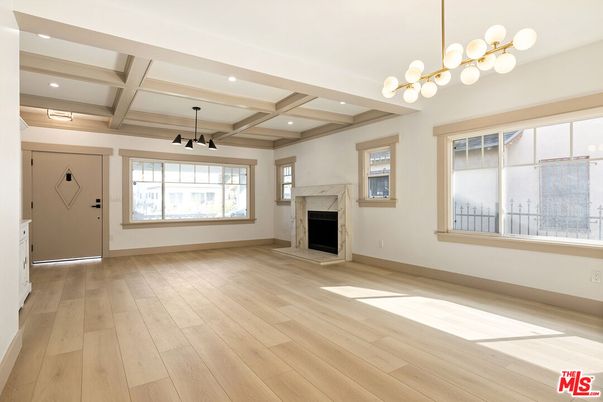 Empty room, Fireplace, Interior, Pendant Lights, Recessed Lighting, Wood Texture Flooring