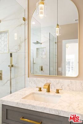 Bathroom, Glass Shower, Interior, Marble Walls, Pendant Lights