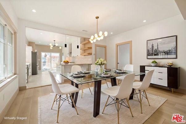 Dining room, Interior, Kitchen, Pendant Lights, Recessed Lighting, Wood Texture Flooring
