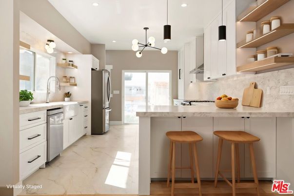 Interior, Kitchen, Marble, Pendant Lights, Recessed Lighting, Stainless Steel Appliances