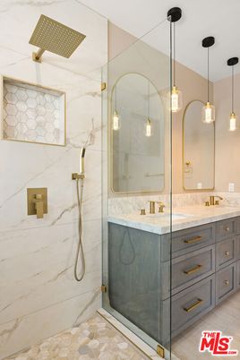 Bathroom, Dual Sink Vanities, Glass Shower, Interior, Marble Walls, Pendant Lights