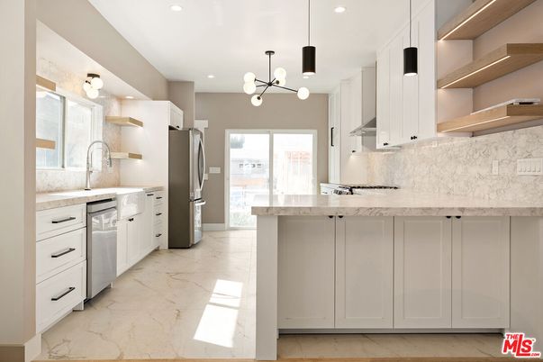 Interior, Kitchen, Marble, Pendant Lights, Recessed Lighting, Stainless Steel Appliances