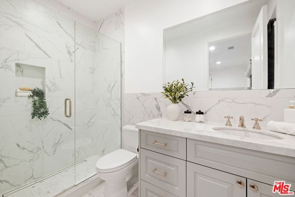 Bathroom, Glass Shower, Interior, Marble Walls, Recessed Lighting