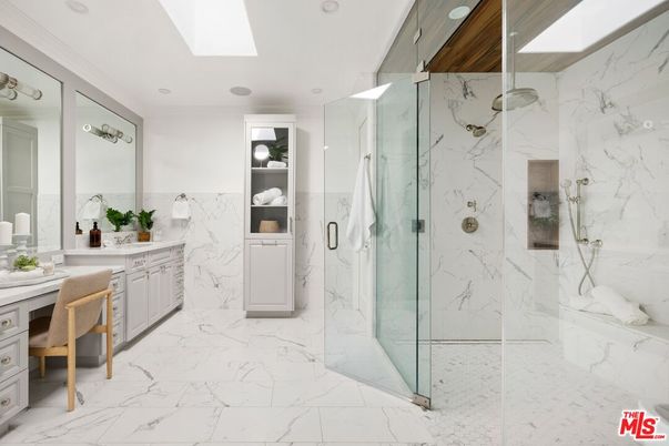 Bathroom, Glass Shower, Interior, Marble, Marble Walls, Recessed Lighting