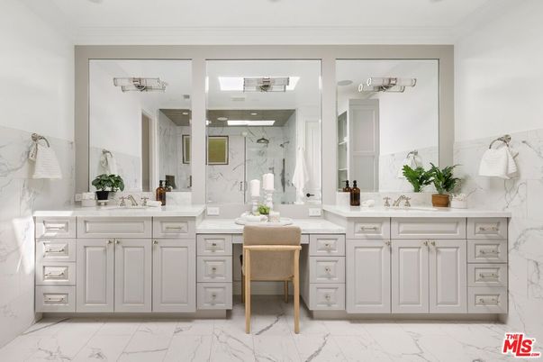 Bathroom, Dual Sink Vanities, Interior, Marble, Marble Walls, Recessed Lighting