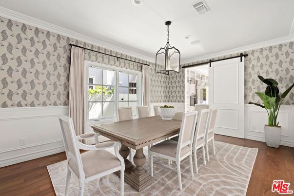 Dining room, Interior, Pendant Lights, Recessed Lighting, Wood Texture Flooring