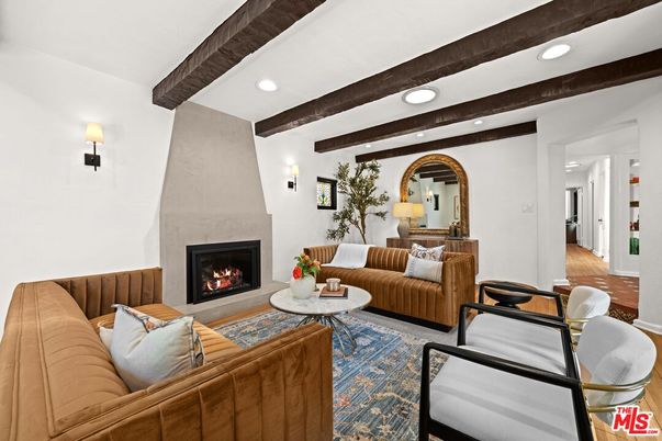 Fireplace, Interior, Living room, Recessed Lighting, Wooden Beams, Wood Texture Flooring