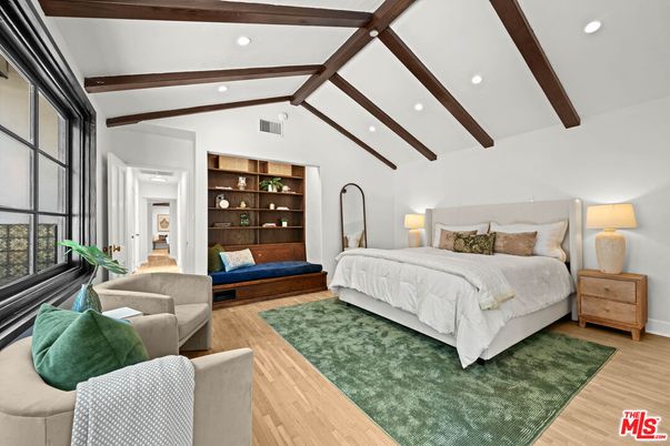 Bedroom, Interior, Recessed Lighting, Wooden Beams, Wood Texture Flooring