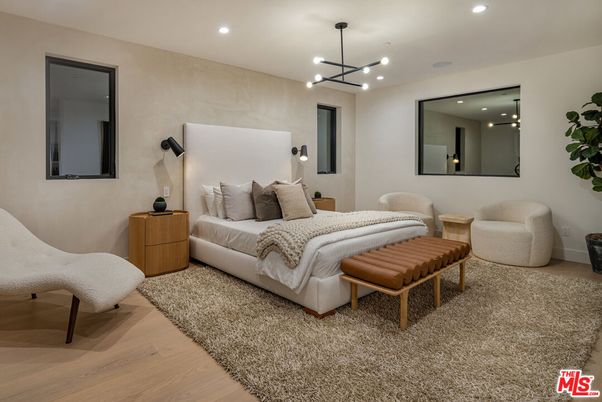 Bedroom, Interior, Pendant Lights, Recessed Lighting, Wood Texture Flooring