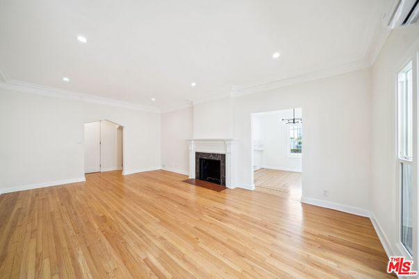 Empty room, Fireplace, Interior, Pendant Lights, Recessed Lighting, Wood Texture Flooring