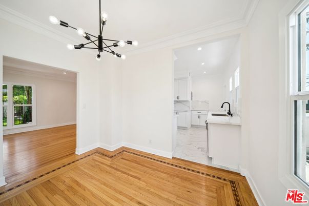 Interior, Kitchen, Marble, Pendant Lights, Recessed Lighting, Wood Texture Flooring