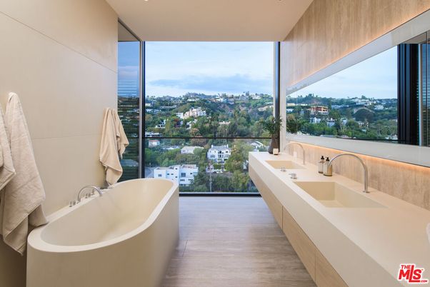 Bathroom, Dual Sink Vanities, Free Standing Baths, Interior, Recessed Lighting, Wood Texture Flooring