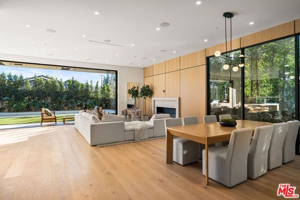Dining room, Fireplace, Interior, Living room, Pendant Lights, Recessed Lighting, Wood Texture Flooring