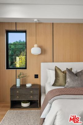Bedroom, Interior, Pendant Lights, Wood Texture Flooring, Wooden Walls