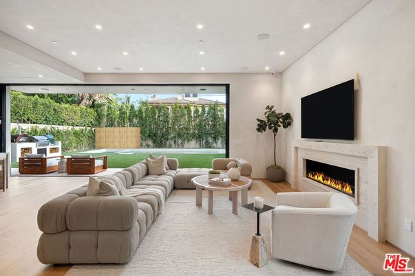 Fireplace, Interior, Living room, Recessed Lighting, Wood Texture Flooring