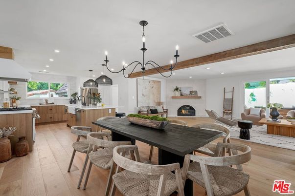 Dining room, Fireplace, Interior, Kitchen, Living room, Pendant Lights, Recessed Lighting, Wood Texture Flooring