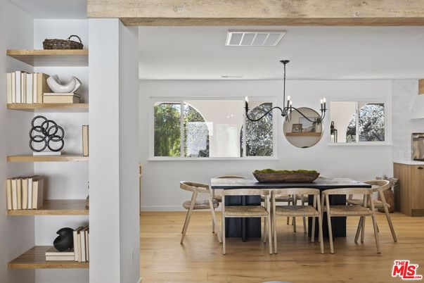 Dining room, Interior, Pendant Lights, Wood Texture Flooring