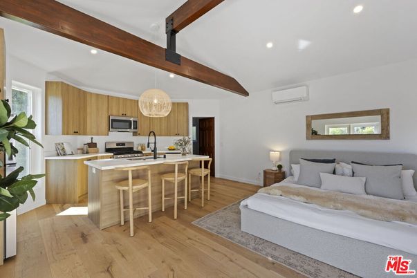 Bedroom, Interior, Kitchen, Pendant Lights, Recessed Lighting, Stainless Steel Appliances, Wooden Beams, Wood Texture Flooring