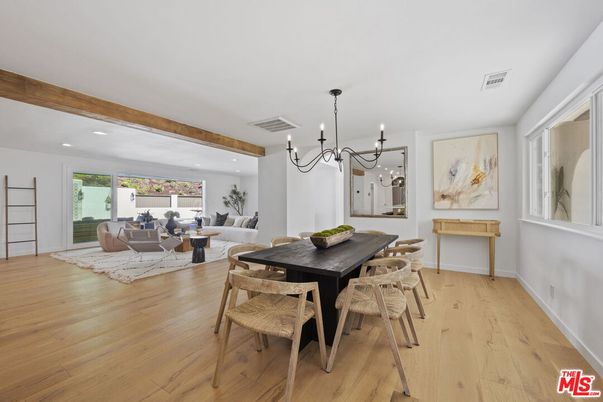 Chandelier, Dining room, Interior, Living room, Recessed Lighting, Wooden Beams, Wood Texture Flooring