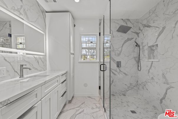 Bathroom, Glass Shower, Interior, Marble, Marble Walls, Recessed Lighting