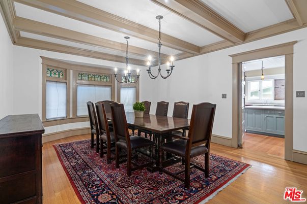 Chandelier, Dining room, Interior, Wooden Beams, Wood Texture Flooring