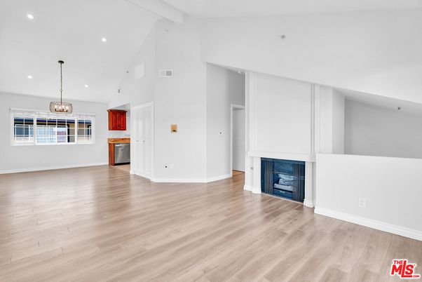 Empty room, Fireplace, Interior, Pendant Lights, Recessed Lighting, Wood Texture Flooring
