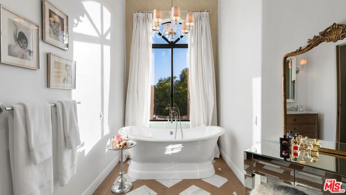 Bathroom, Chandelier, Free Standing Baths, Interior, Wood Texture Flooring