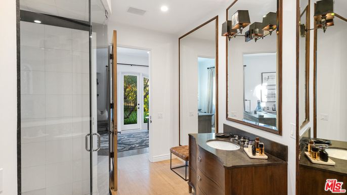 Bathroom, Glass Shower, Interior, Recessed Lighting, Wood Texture Flooring