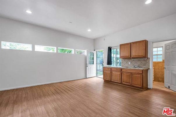 Empty room, Interior, Kitchen, Recessed Lighting, Wood Texture Flooring