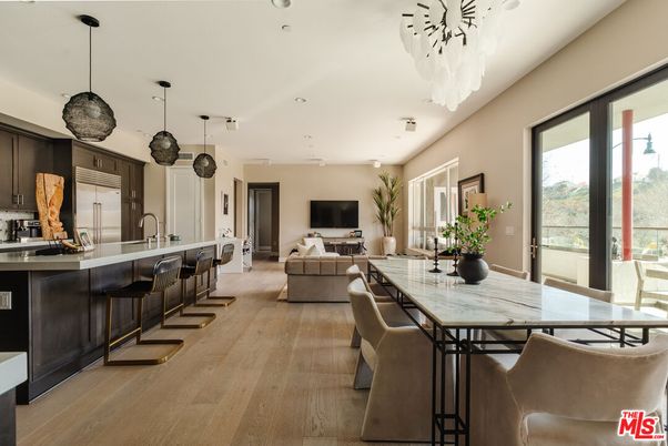 Chandelier, Dining room, Interior, Kitchen, Living room, Pendant Lights, Recessed Lighting, Wood Texture Flooring