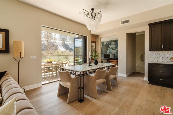 Chandelier, Dining room, Interior, Recessed Lighting, Wood Texture Flooring