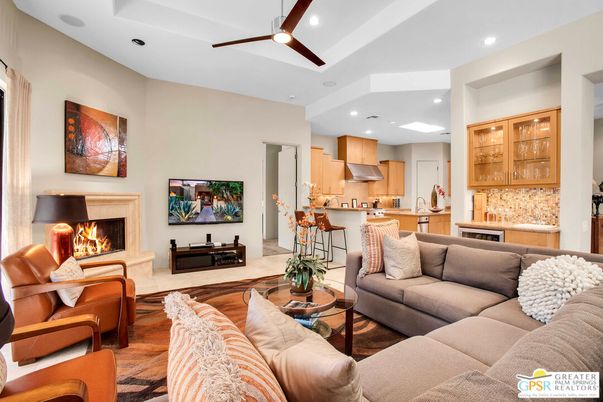 Fireplace, Interior, Kitchen, Living room, Recessed Lighting, Wood Texture Flooring
