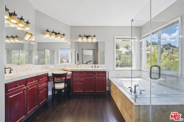Bathroom, Dual Sink Vanities, Glass Shower, Interior, Wood Texture Flooring