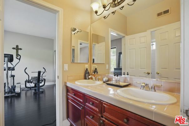 Bathroom, Dual Sink Vanities, Fitness Equipment, Interior, Tile Countertops