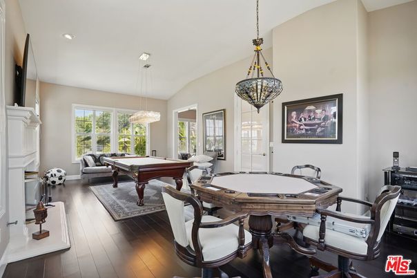 Billiard Table, Chandelier, Game Room, Interior, Pendant Lights, Recessed Lighting, Wood Texture Flooring