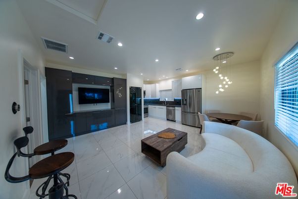 Dining room, Interior, Kitchen, Living room, Marble, Pendant Lights, Recessed Lighting, Stainless Steel Appliances