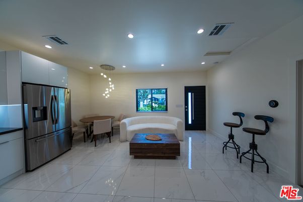 Dining room, Interior, Kitchen, Living room, Marble, Pendant Lights, Recessed Lighting, Stainless Steel Appliances