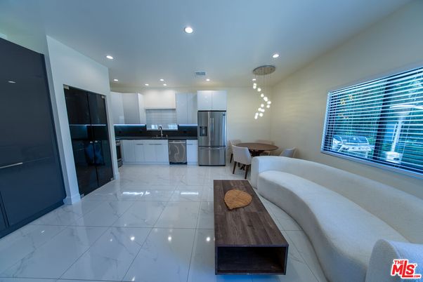 Dining room, Interior, Kitchen, Living room, Marble, Pendant Lights, Recessed Lighting, Stainless Steel Appliances
