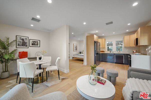 Dining room, Interior, Kitchen, Recessed Lighting, Stainless Steel Appliances, Wood Texture Flooring