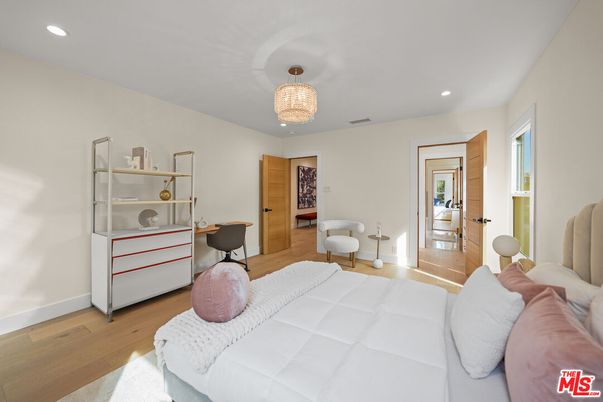 Bedroom, Chandelier, Interior, Recessed Lighting, Wood Texture Flooring