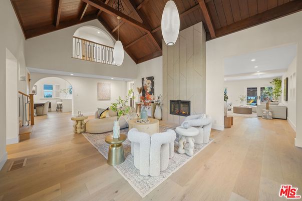 Fireplace, Interior, Living room, Pendant Lights, Recessed Lighting, Wooden Beams, Wooden Ceilings, Wood Texture Flooring