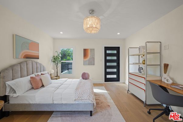 Bedroom, Chandelier, Home Office, Interior, Recessed Lighting, Wood Texture Flooring