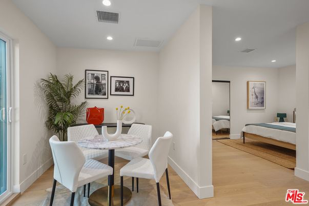 Bedroom, Dining room, Interior, Recessed Lighting, Wood Texture Flooring