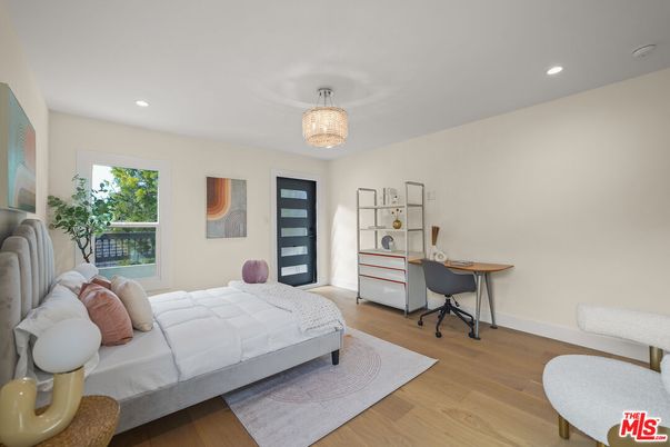 Bedroom, Chandelier, Home Office, Interior, Recessed Lighting, Wood Texture Flooring