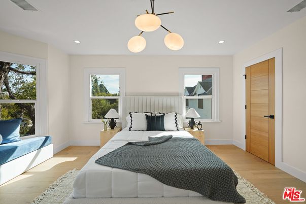 Bedroom, Interior, Pendant Lights, Recessed Lighting, Wood Texture Flooring