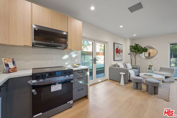 Interior, Kitchen, Living room, Recessed Lighting, Stainless Steel Appliances, Wood Texture Flooring