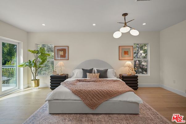 Bedroom, Interior, Pendant Lights, Recessed Lighting, Wood Texture Flooring