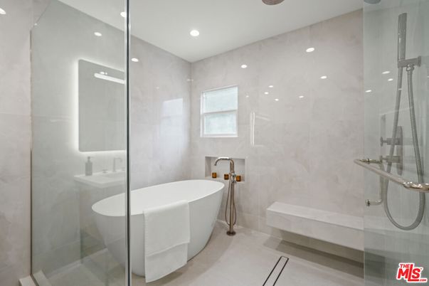 Bathroom, Free Standing Baths, Glass Shower, Interior, Marble Walls, Recessed Lighting