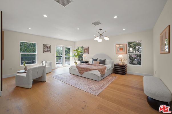 Bedroom, Interior, Pendant Lights, Recessed Lighting, Wood Texture Flooring