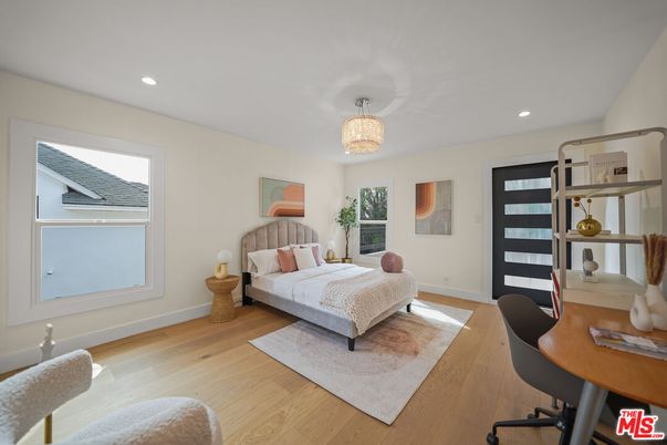 Bedroom, Chandelier, Home Office, Interior, Recessed Lighting, Wood Texture Flooring